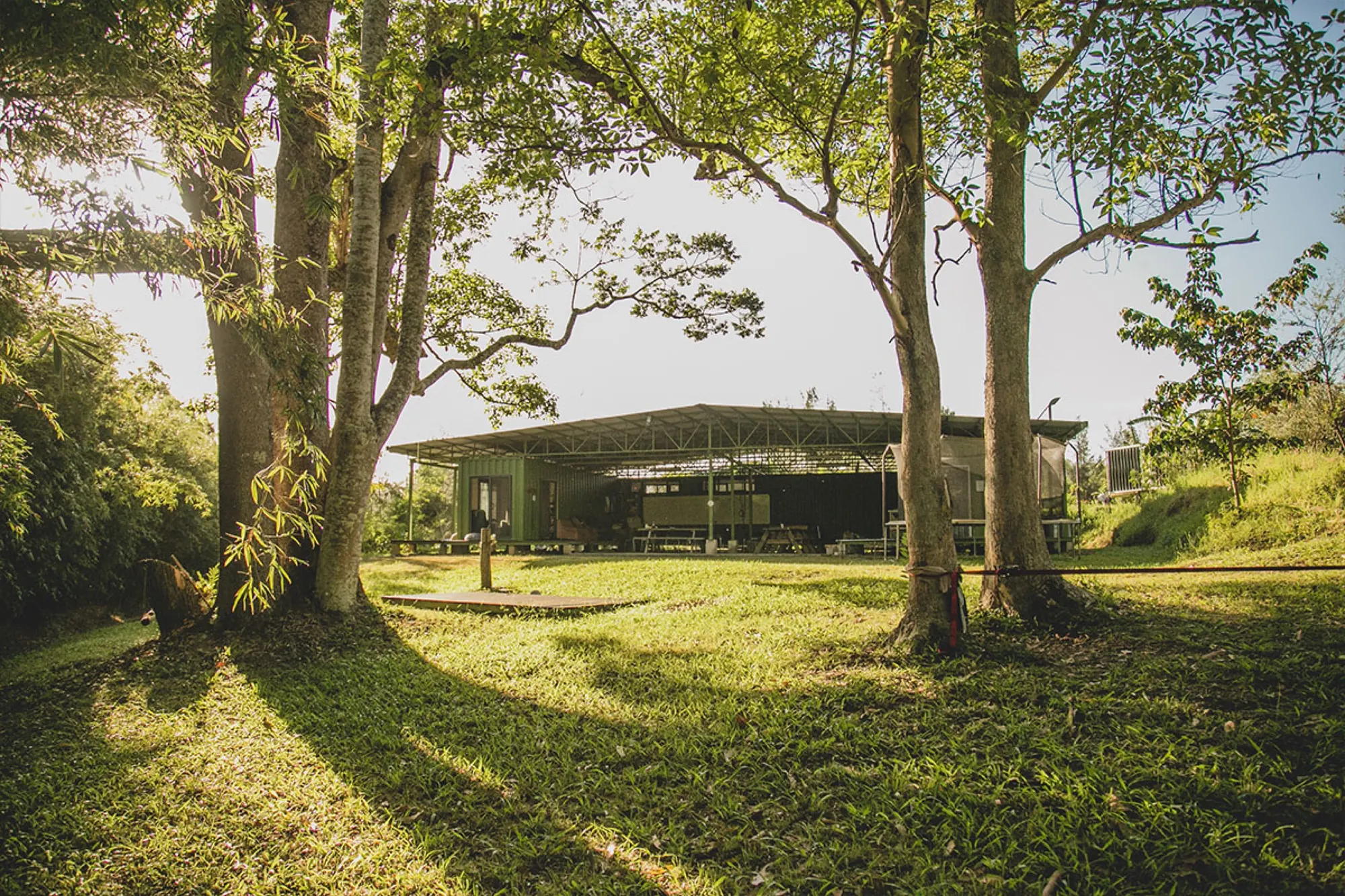 The open-sided learning pavilion at Zaytuna Farm among tall trees