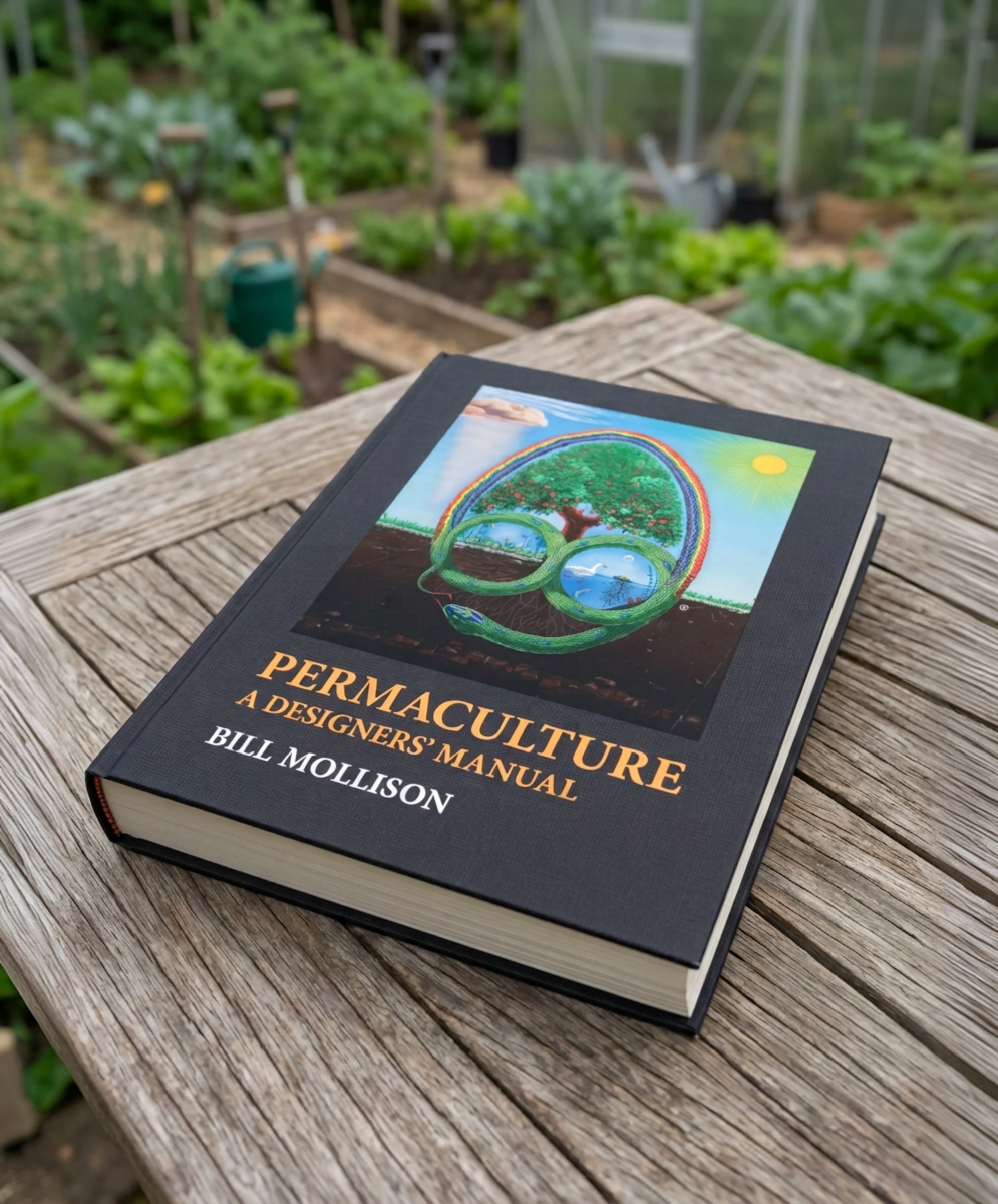 Permaculture: A Designers' Manual by Bill Mollison on a wooden garden table