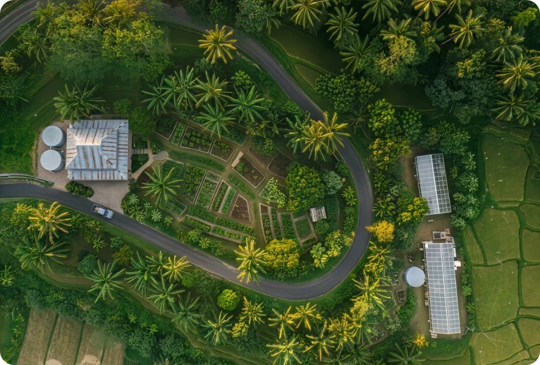 Aerial view of a designed farm landscape