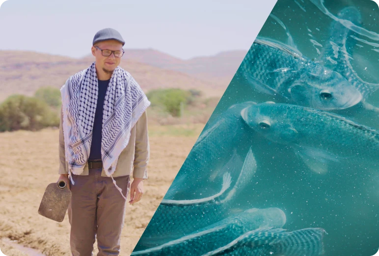 A man in a desert landscape beside an underwater scene