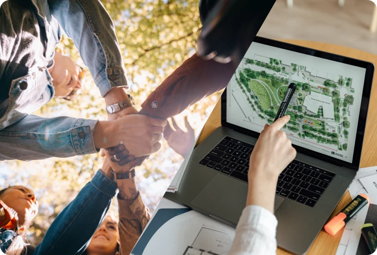 Students joining hands over a site design on a laptop