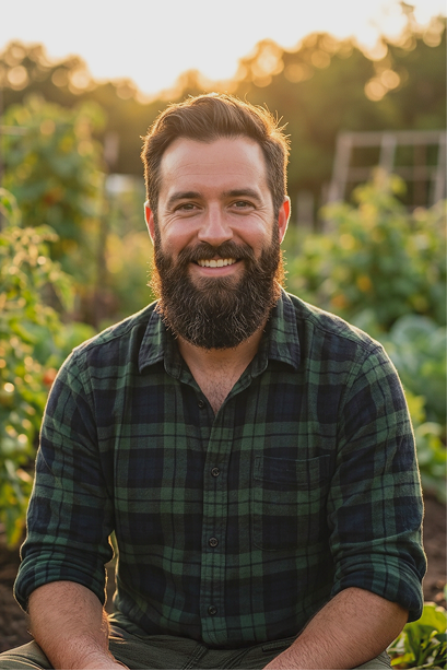 Bearded man in a green checked shirt in a vegetable garden