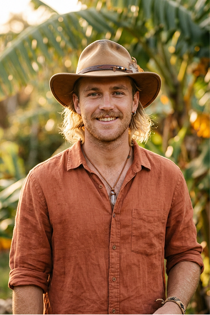 Man in a wide-brimmed hat and rust-coloured shirt among banana plants